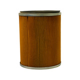 Side profile of the cylindrical element with vertical orange-tan pleated paper media bonded between two metal end caps, one ringed with a black rubber gasket.