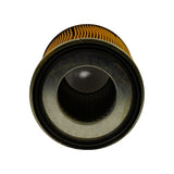 End-on view down the inner bore showing the perforated steel inner support cylinder and the flat closed metal end cap at the far end.