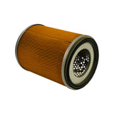 Three-quarter view of the filter laid on its side with rubber-gasket end facing the camera, showing clean unsoiled pleated media along the full length.