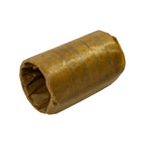 Three-quarter angled view of the wrapped bearing roll, open end visible, showing overall form and golden-amber waxed paper condition.