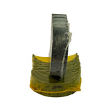 Top-down edge view showing one upper half-shell standing vertically on top of the yellow-coated lower stack. Profile shows consistent arc curvature, oil grooves visible inside the upper shell, and clear plastic wrapping intact around both groups.
