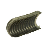 Three-quarter angle view of shell set from one end, bore-face side. Layered fan arrangement of all 12 shells clearly visible. Protective wrap covers outer (steel back) surface. No additional markings visible.
