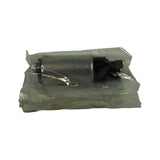 Pump in poly bag, opposite angle, showing flat disc end cap and black strainer housing with electrical connection point.