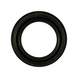 Opposite face of seal shown face-on. Smooth black rubber surface, secondary dust lip visible as raised rim around inner bore. No metal casing on outer face.