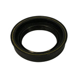 Angled three-quarter view of seal showing depth and profile. Yellow-green stripe on outer circumference clearly visible. Inner bore shows ribbed or threaded sealing lip surface.