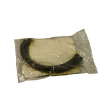 Both seal halves together inside the inner poly bag viewed from above, showing the full set: one D-shaped upper half (with flat backing) and one matching lower half, both black moulded rubber.
