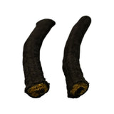Close-up of the bottom ends of both rope seals showing cross-section detail — braided black graphite outer wrap and yellow-brown porous cork/fibre inner core clearly visible.