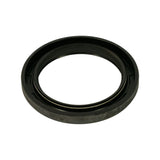 Three-quarter angled view of seal from front/spring side; coiled garter spring clearly visible seated in inner primary lip groove; rubber-covered outer case and dust lip detail visible.