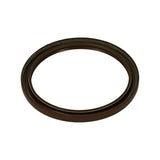 Angled three-quarter view showing the seal's cross-sectional profile. Metal case (outer housing) and dual elastomer lip arrangement clearly visible. Spring retention groove and dust lip on the outer edge shown. Seal body is uniformly dark brown with polished metal case.