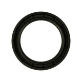 Rear face of the oil seal with garter spring clearly visible seated in the primary sealing lip groove; auxiliary dust lip also visible; same rectangular tab pattern around outer circumference