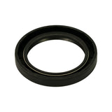 Three-quarter angled view showing the seal's profile depth and stepped rubber outer diameter with the garter spring coil running around the full inner circumference of the lip