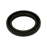 Angled three-quarter view of seal showing side profile. Garter spring clearly visible seated in primary sealing lip groove. Dual-lip configuration visible in cross-section. Rubber outer covering intact and uncracked.