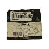 Front of original Permaseal packaging showing SK026 part number label with internal GAS-00881 stock code sticker affixed over it. Package front displays 'SK026 Cam Belt Oil Seal Kit' for 'Subaru EJ20, EJ22, EJ25', with handwritten annotation 'Cam & Crank Seals'. Batch code 019908 dated 29/06/10 visible. AA Gaskets / NZ Gaskets branding and 'asbestos free' badge visible. Packaging shows significant soiling and creasing consistent with long shelf storage.