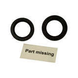 Reverse side of same two oil seals showing moulded markings on the seal bodies. 'Part missing' card present again. Lighting angle reveals embossed text on seal faces.