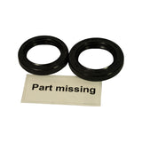 Angled three-quarter view of both seals together with 'Part missing' card. Lip spring detail and garter spring visible on the inner sealing lips of both seals.