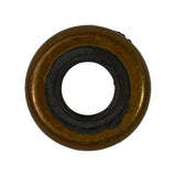Reverse top-down view showing the domed convex metal outer shell with gold/brass-toned finish and the recessed rubber inner bore.