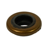 Angled three-quarter view from the dome side, clearly showing the flanged domed metal body and the recessed rubber sealing cup inset into the centre bore.
