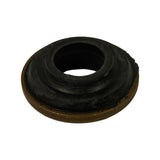 Angled three-quarter view from the flat/underside, showing stepped rubber profile with concentric sealing rings and the thin metal flange rim at the outer edge.