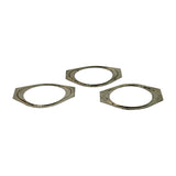 Three gaskets laid flat, top-down view showing all three items in matching condition — octagonal outer shape, circular bore, metallic steel construction with surface tarnish consistent with age.