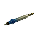 Diagonal view of plug showing full length: blue hex body, long fine-pitch threaded shank tapering to bare metal pencil-tip heating element. Terminal stud with brass nut and copper washer visible at connection end.