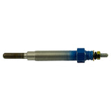 Lateral flat-on view of complete plug showing full length profile: pencil tip left, terminal stud right, blue plastic-coated hex body and fine-pitch thread shank visible along full length.