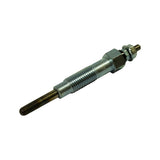 Glow plug isolated, angled view showing full length. Pencil-type sheathed element at one end, threaded body with hex boss, black insulating washer, and small M4 terminal stud with nut at other end. Zinc-plated finish, minor surface aging consistent with shelf storage.