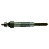 Glow plug laid flat, broadside view. 'BOSCH' brand name and a batch/date code stamped on the threaded body shank. M10 x 1 thread form visible across the shank length.
