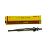 Opposite side of box repeating OE number '0 250 202 119-750' and BOSCH branding; glow plug below showing sheathed element tip end and threaded body from slightly different angle.