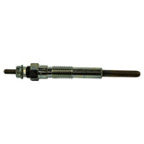 Part only, laid flat full-length portrait view showing entire glow plug from terminal stud to sheath tip — clearly a sheathed-element type with long probe.