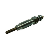 Plug angled, heating element tip at lower left. Threaded body with fine-pitch metric thread fully visible. Hex nut and small stud terminal at right. Some faint marking on body shank — possibly date or batch code, not clearly legible.