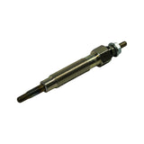 Glow plug angled close-up, tip-down orientation. Pencil-type sheathed element tip visible at lower left, threaded body centre, hex collar and M4 terminal stud at upper right. Metal finish clean with no oxidation.