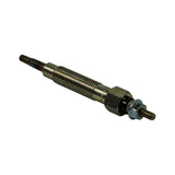 Glow plug angled, tip-up orientation showing opposite side of threaded shank. Hex collar and terminal stud with nut at lower right. Surface condition excellent.
