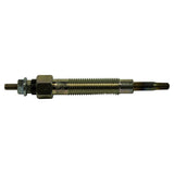 Glow plug horizontal profile, full length view. Left end shows terminal stud and nut, right end shows pencil-tip heating element. Threaded shank with hex collar clearly defined.