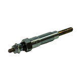 Full glow plug angled view, terminal end at left. Shows threaded shank, hexagonal body, insulating washer, and terminal nut assembly. Glow tube (heating element) visible at right end, slightly darker in colour.