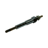 Glow plug isolated, angled view from terminal/stud end. Hex nut, washer, and threaded terminal stud clearly visible. Threaded body section and smooth heater element barrel visible. Some minor surface soiling/oxidation on barrel.