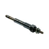 Glow plug isolated, angled view from heater tip end. Smooth pencil-type heater element tip visible with slight heat discolouration suggesting prior use or bench testing. Hex nut and terminal stud visible at far end.