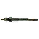 Glow plug horizontal full-length view. Faint markings on barrel — partially legible, appears to include a date or batch code. Heater tip shows slight blue/heat discolouration. Threaded section, hex nut, washer, and terminal stud clearly shown.