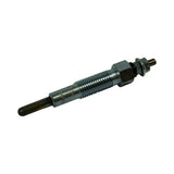 Close-up side angle of glow plug body showing threaded shank, hex nut body, insulator collar, and M4 stud terminal with retaining nut; zinc-plated finish throughout