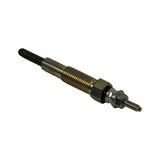 Glow plug isolated, angled view showing full length — heating element tip (dark), threaded body with M10 thread and hex flats, terminal stud at top. Minor golden discolouration on threads consistent with NOS shelf age.