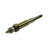 Angled view from heating element tip end, showing tapered glow tube tip and mid-body thread section. Faint stamped codes visible on the barrel.