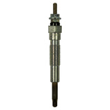 Full-length vertical shot of the glow plug, connector end uppermost; BOSCH and GPM-517 markings faintly visible on the hex body; black rubber insulating collar, hex nut, and threaded terminal stud visible at top