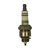 Plug stood upright, terminal end uppermost; white ceramic insulator with green BOSCH logo and partial 'R6' marking; nickel hex, rolled threads, and single J-hook ground electrode visible at firing tip
