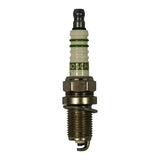 Full-length front view of spark plug standing upright. White five-ribbed ceramic insulator with green Bosch branding stripe visible. Nickel hex, gasket seat, M14 threaded shell, and single hook-style ground electrode visible at firing end. Projected centre electrode tip visible.