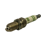 Three-quarter angle view of spark plug showing firing end and thread detail. Single hook ground electrode clearly visible with projected centre electrode. Nickel hex and gasket seat prominent. Bosch branding on insulator partially visible.