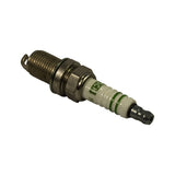 Opposite three-quarter angle showing terminal end of plug. Removable nut terminal visible on stud. Green Bosch insulator stripe and five-rib anti-flashover insulator design clearly shown. Firing end and hook ground electrode visible at lower left.