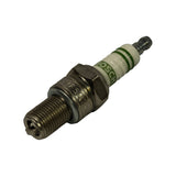 Three-quarter angle view of plug showing electrode tip end, threaded shank, hex section, ceramic insulator with BOSCH branding, and terminal end. Nickel ground electrode hook visible at firing end.