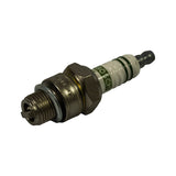 Plug at low angle, electrode end toward camera. Shell stamping 'INDIA' visible. Copper core centre electrode and J-hook ground electrode visible. Ceramic insulator shows the distinctive SUPER green ring detail.