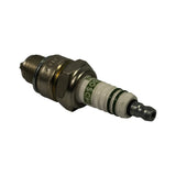 Plug reversed, terminal socket end toward camera showing hollow female socket. Green ring on insulator and 'BOSCH' branding visible. Hex section and threaded shank clearly shown; gasket intact on seat.