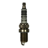Spark plug standing upright, firing end up, showing single-piece bent ground electrode with bright platinum centre electrode protrusion, rolled M14 threaded shank, nickel hex and gasket seat, and white ceramic insulator with 'BOSCH PLATINUM' moulded text.