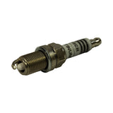 Angled three-quarter view of plug showing firing end with hooked ground electrode and platinum centre tip, thread shank, and ceramic insulator body. Good condition; no corrosion on electrode or threads.
